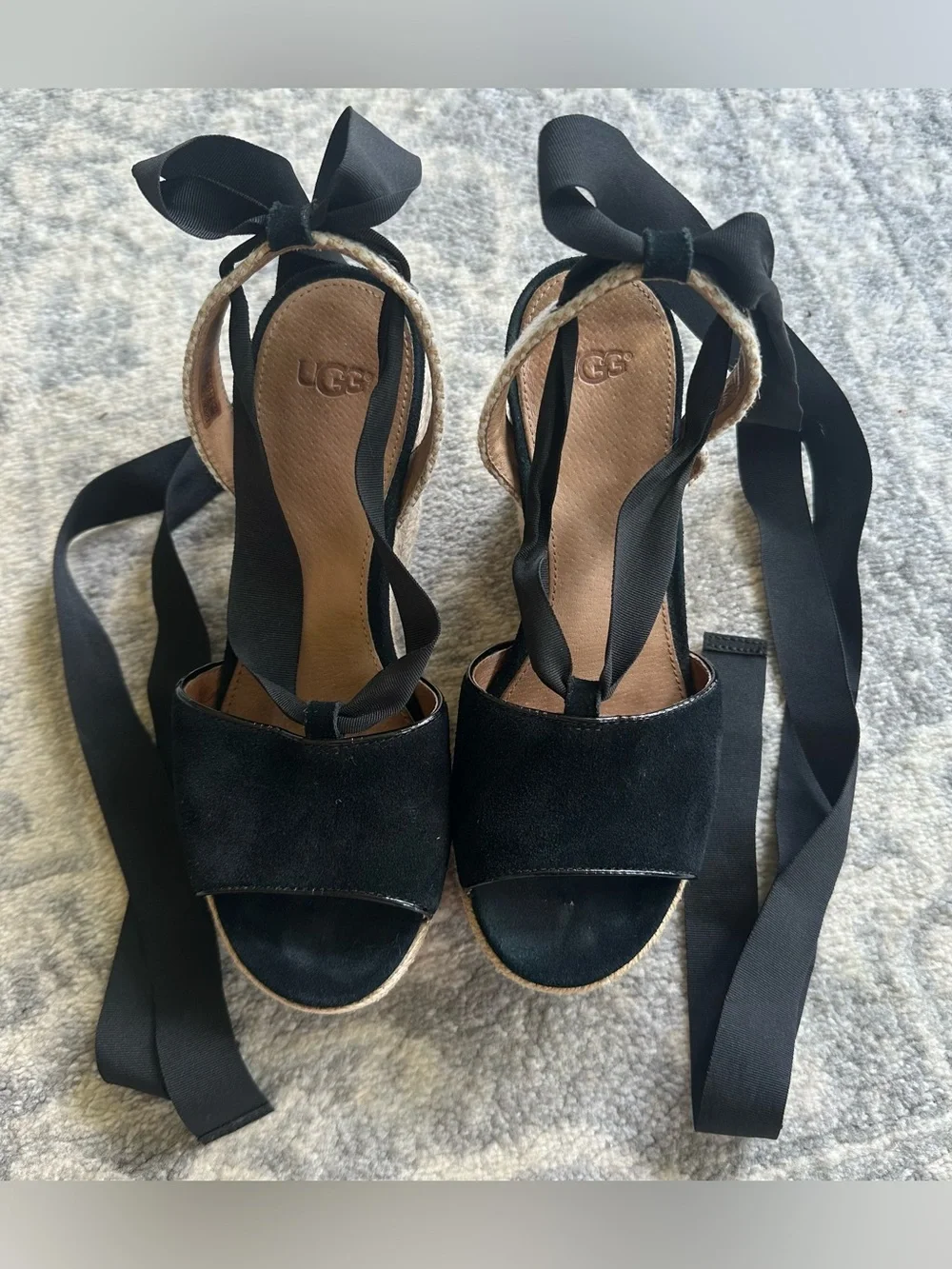 UGG Shiloh Black Suede Espadrille Wedge Sandals Ribbon Tie Wrap Womens Size 7